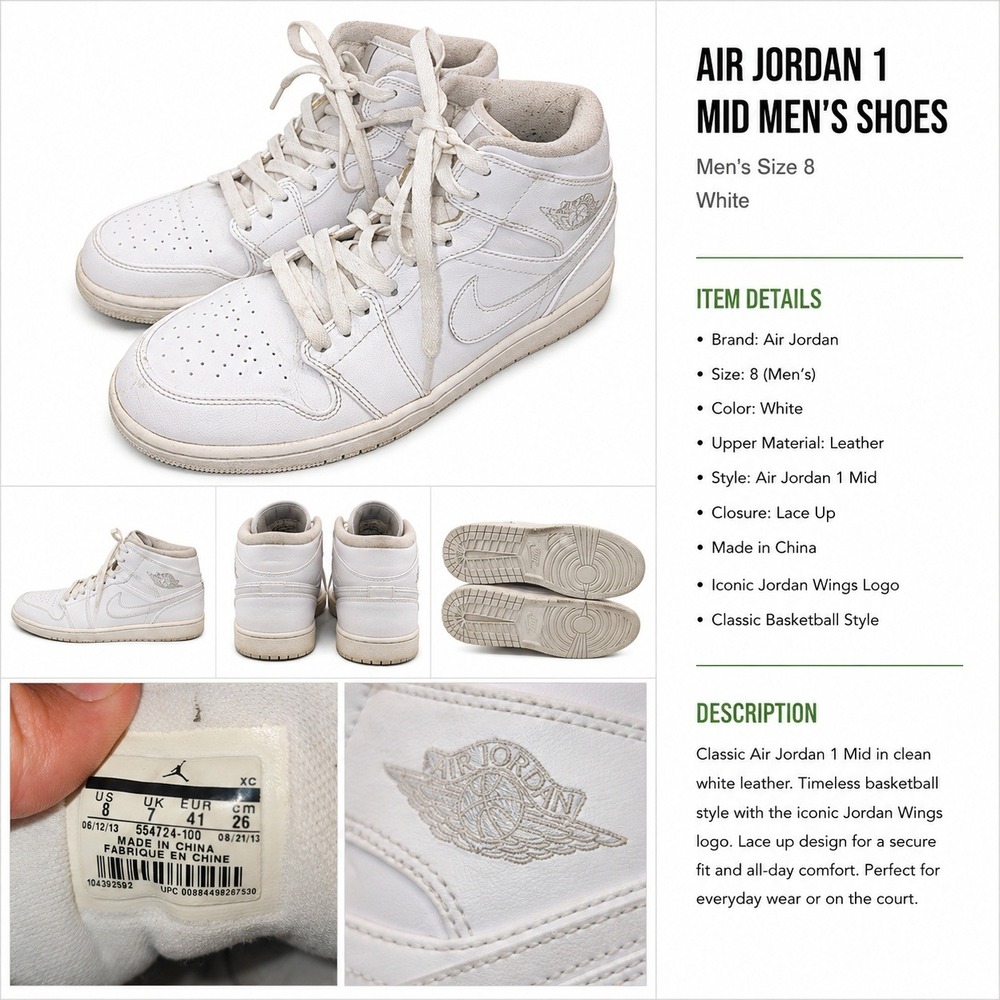Air Jordan 1 Mid Mens White Leather Basketball Shoes 554724-100 Size 8
